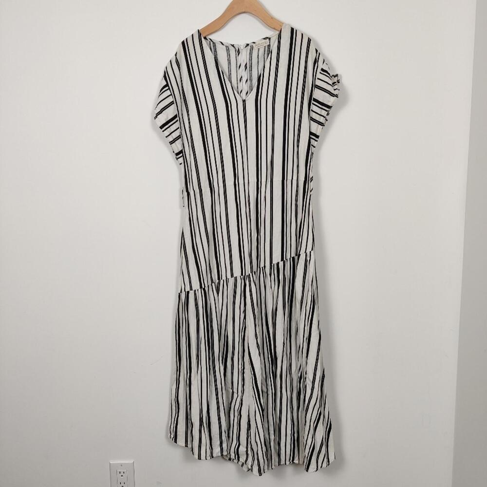 Just Living Women's Striped Tiered Maxi Dress in Black White Size Large Linen